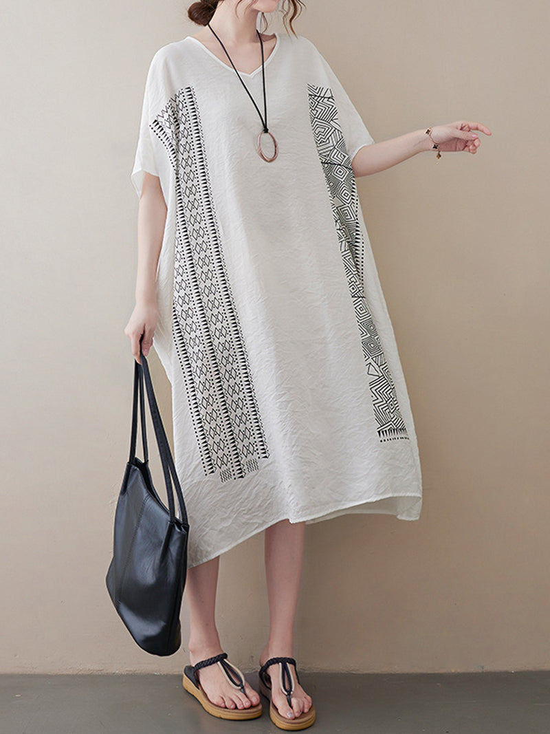 V-Neck Batwing Sleeve Geometric Print Loose Oversized Midi Dress 10