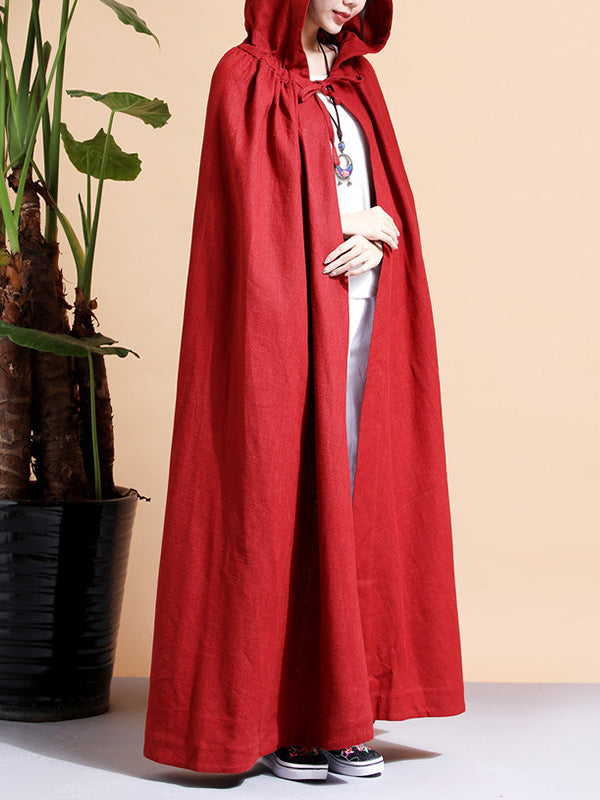 Hooded Open Front Linen Long Cape Coat