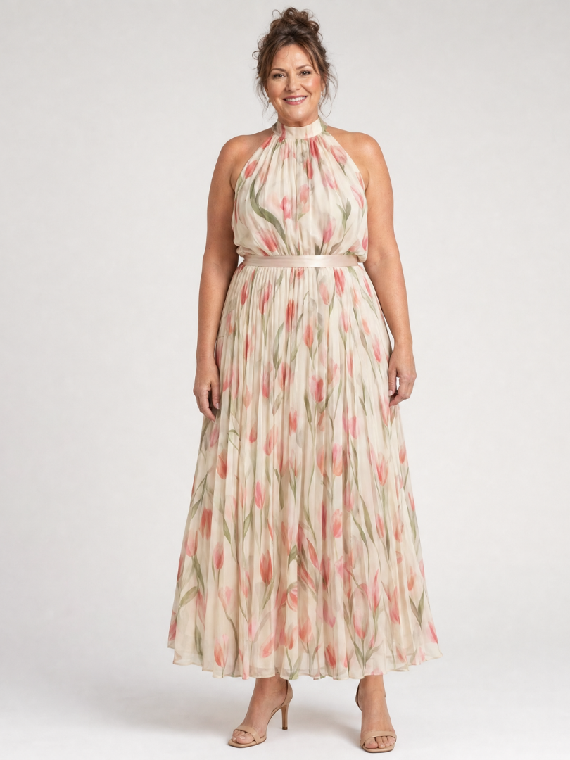 Floral Halter Neck Tulip Floral Print Pleated Sleeveless Maxi Dress 8