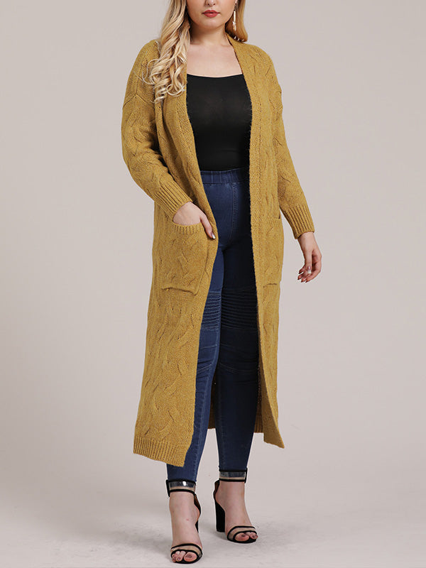 Open Front Cable Knit Pocket Longline Cardigan