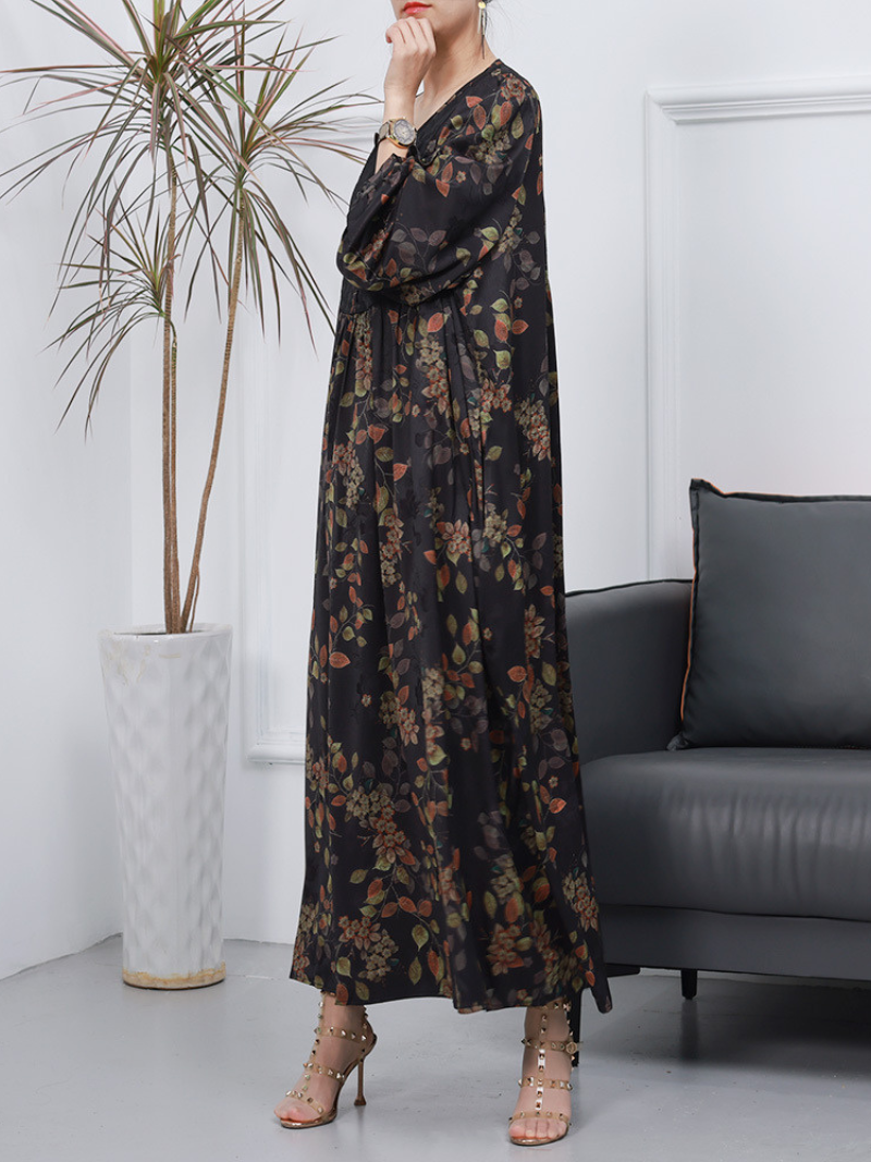 V-Neck Long Sleeve Floral Print Pleated Yoke Kaftan Maxi Dress