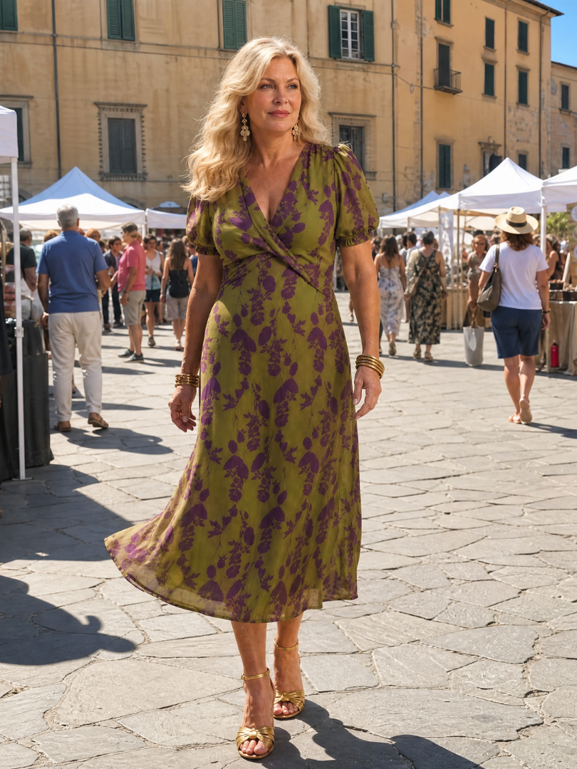 Floral Surplice V-Neck Floral Puff Sleeve Wrap A-Line Midi Dress 8