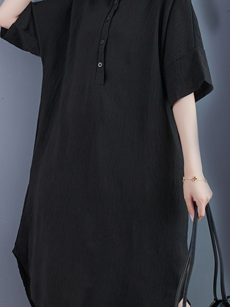 Collared Half Placket Textured Loose Shirt Midi Dress