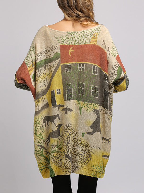 Boat Neck Scenic Print Long Sleeve Loose Knit Sweater 8