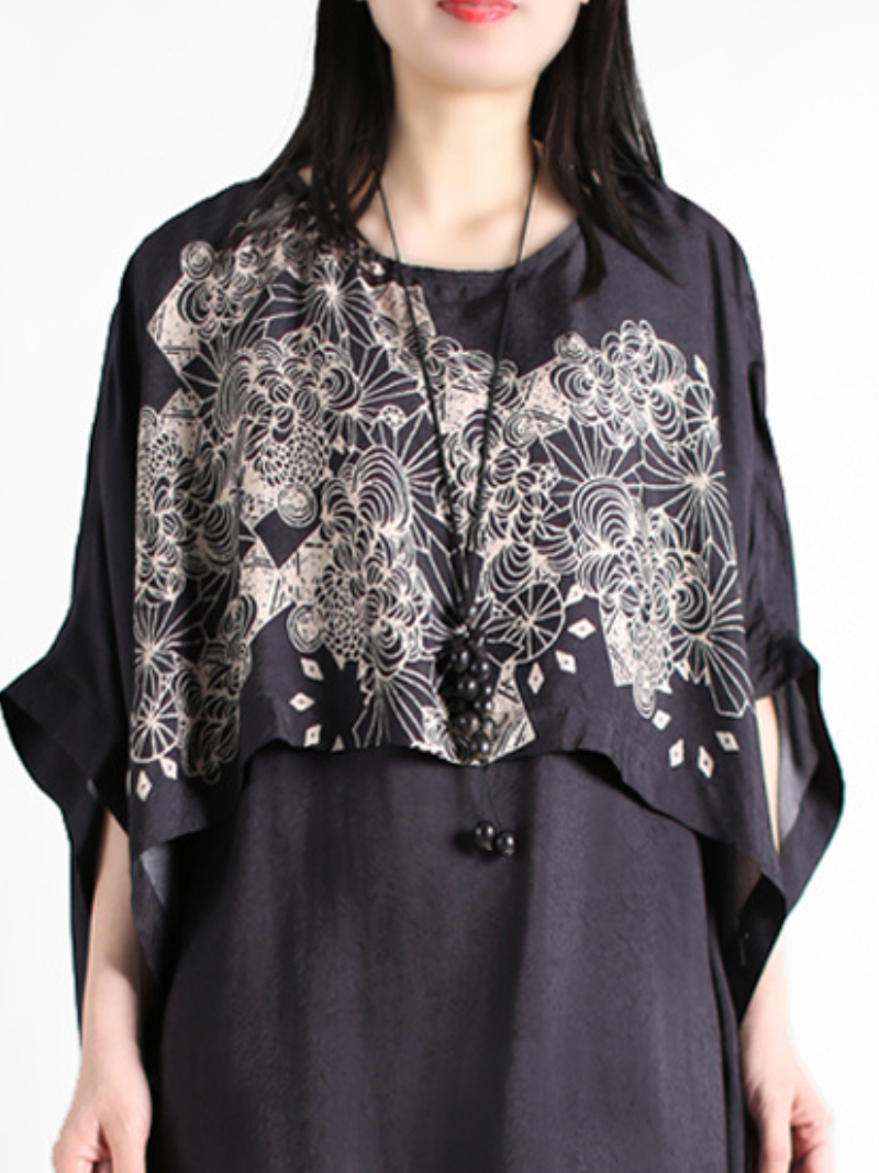 Black Round Neck Floral Print Layered Cape Loose A-Line Maxi Dress 3