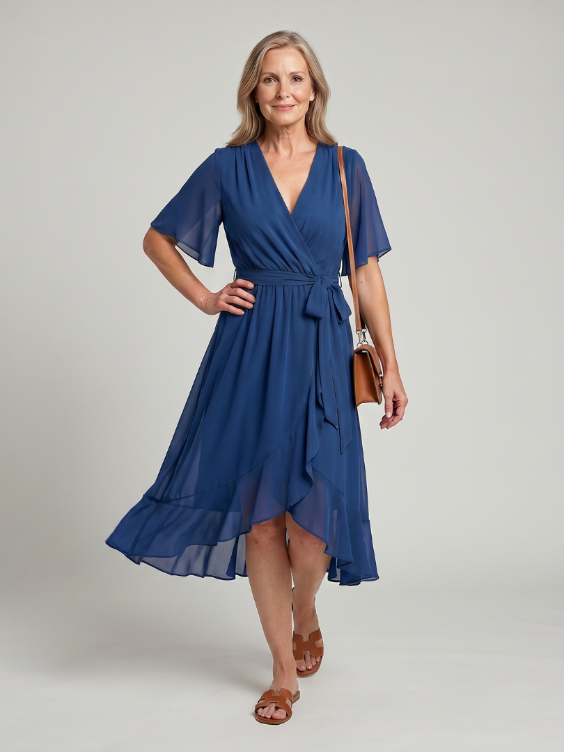 V-Neck Wrap Flutter Sleeve Chiffon Tie Waist Ruffle Hem Midi Dress 6