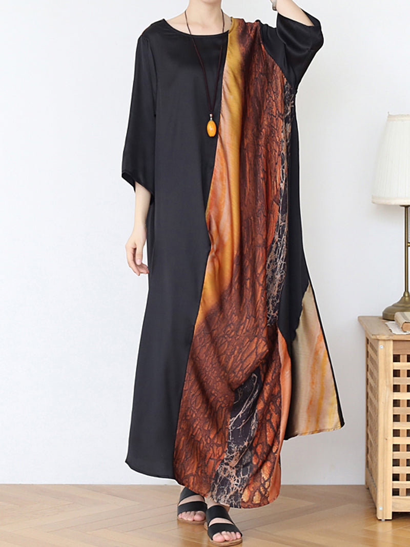 Round Neck Batwing Sleeve Abstract Print Shift Maxi Dress 2