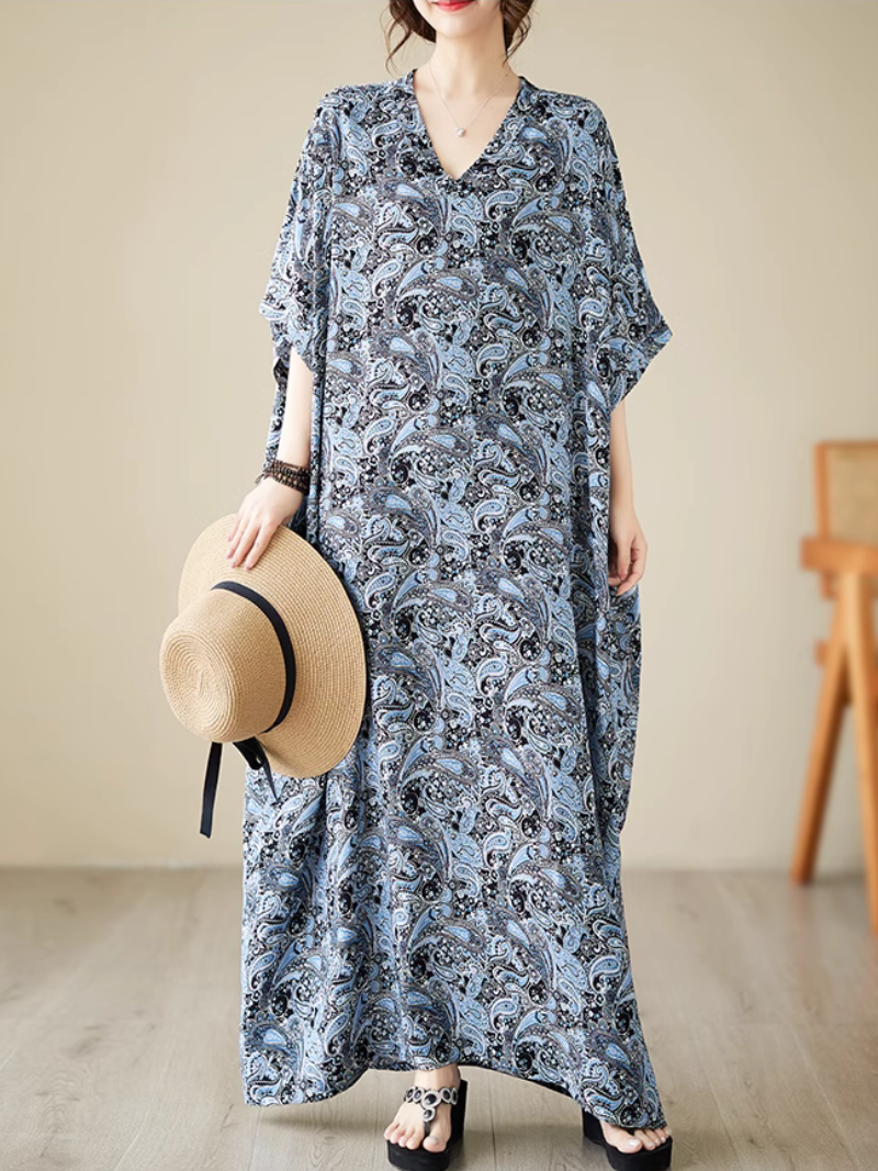 Split Neck Batwing Sleeve Paisley Print Loose Kaftan Maxi Dress 7