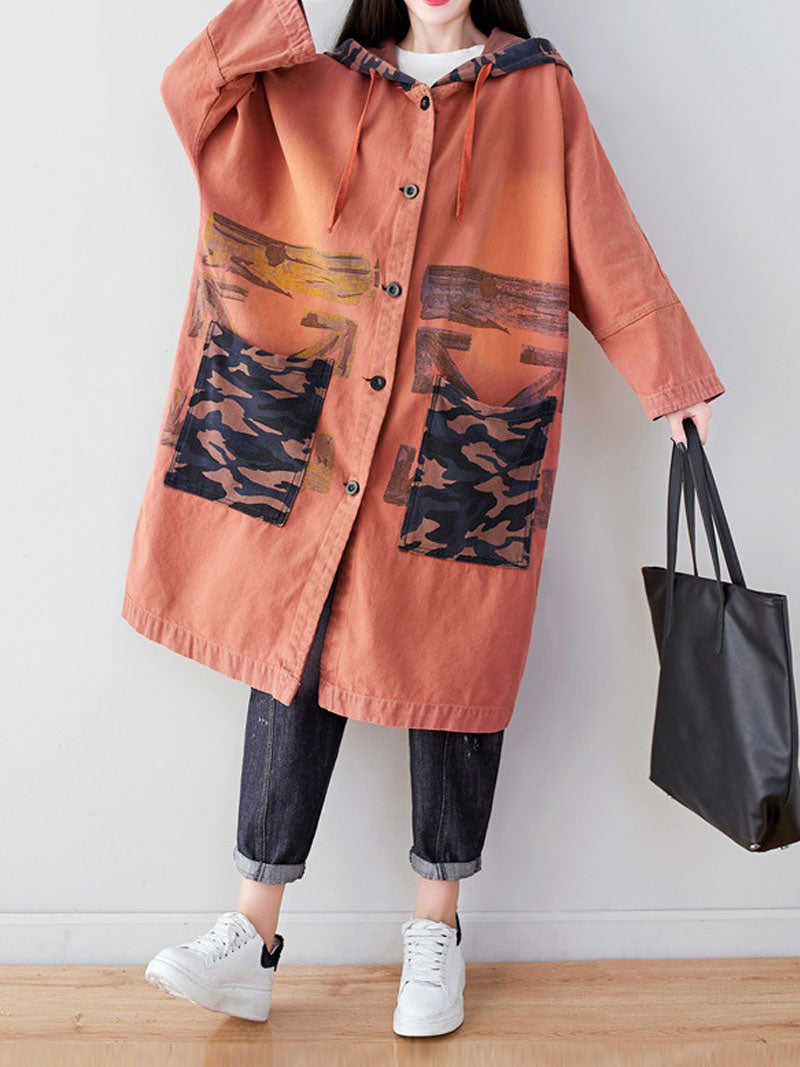 Hooded Graffiti Print Patch Pocket Long Denim Coat 15