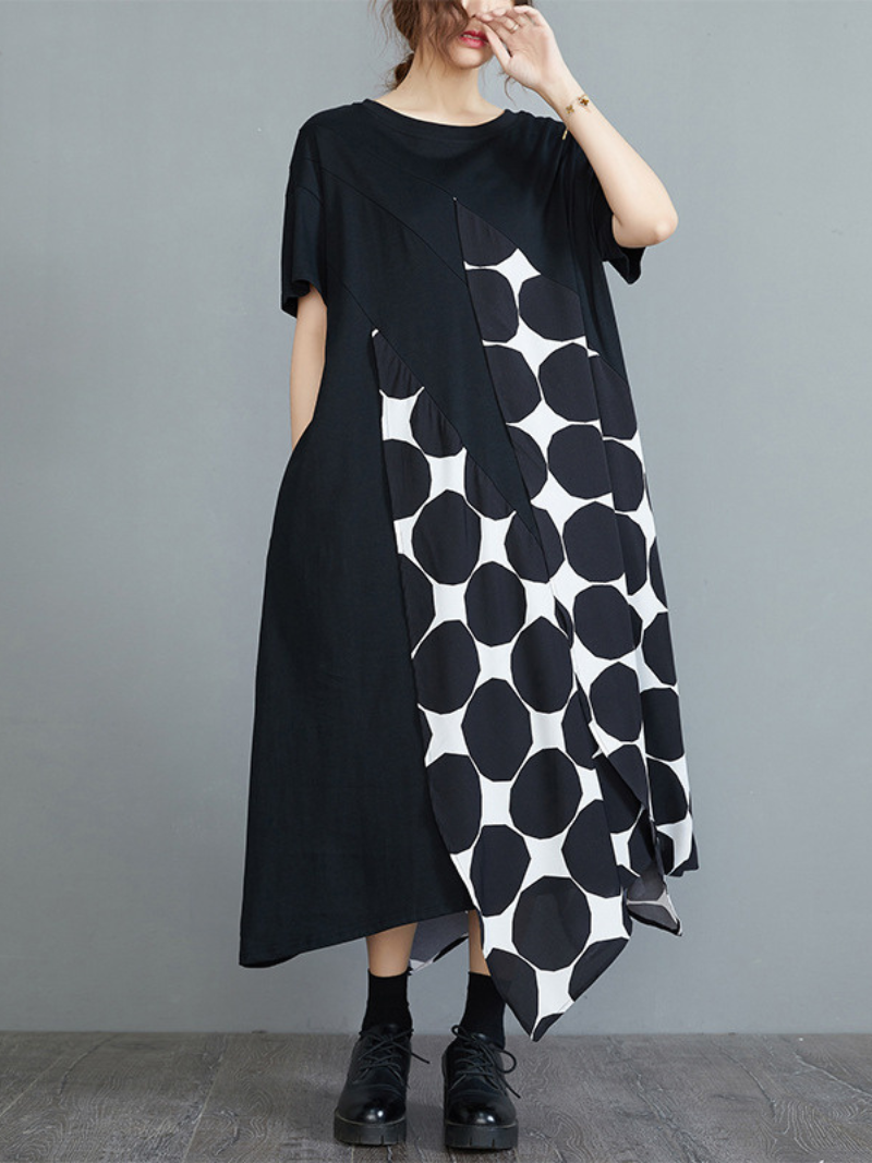 Black Round Neck Polka Dot Patchwork Short Sleeve Loose Maxi Dress 2