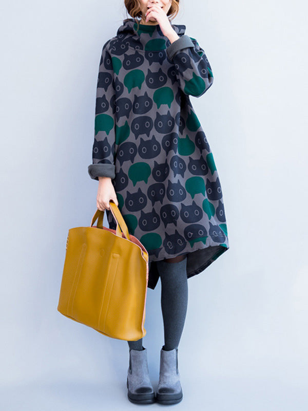 Grey Hooded Cat Print Long Sleeve Oversized Sweatshirt Midi Dress 3
