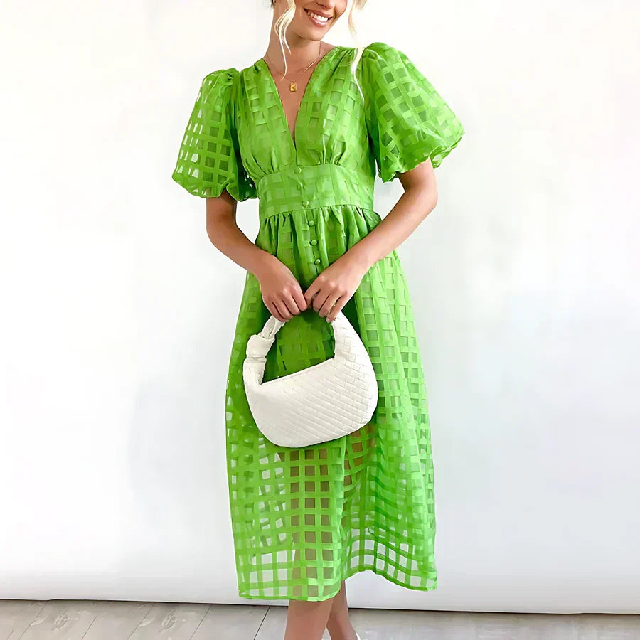 V-Neck Puff Sleeve Sheer Organza Grid A-Line Midi Dress