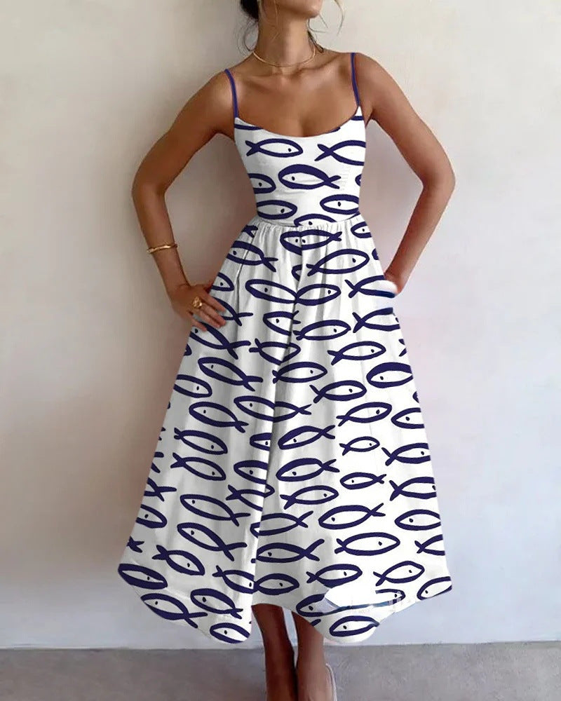 Spaghetti Strap Scoop Neck Fish Print Fit Flare Midi Dress