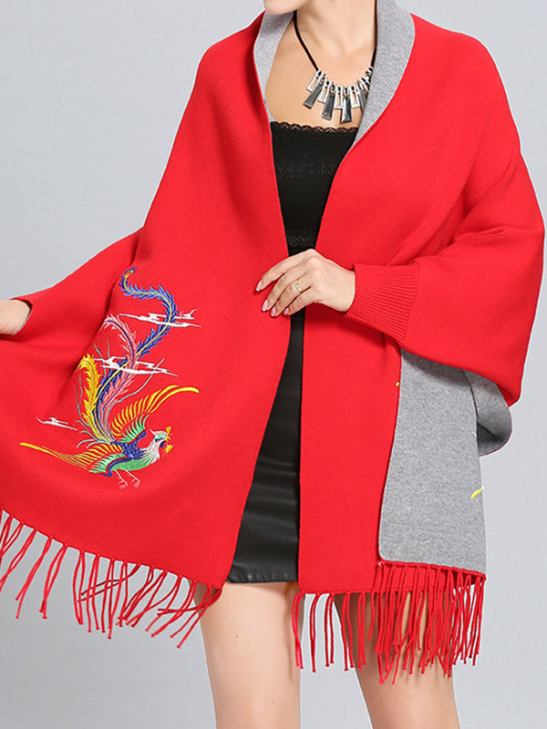 Open Front Phoenix Embroidery Fringe Hem Batwing Cape Cardigan 2