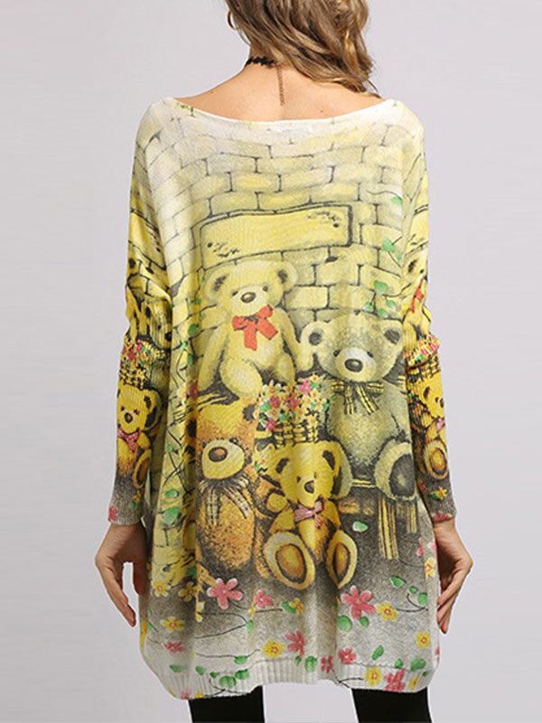 Boat Neck Long Sleeve Teddy Bear Print Knit Sweater 4