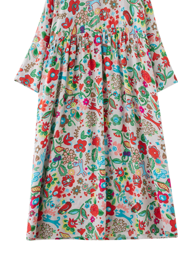 Round Neck Floral Print Long Sleeve Pleated Loose Smock Maxi Dress