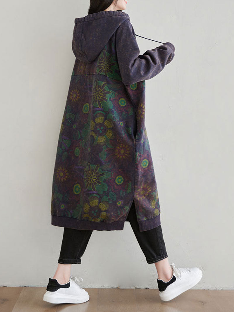 Hooded Floral Print Drawstring Long Sleeve Sweatshirt Midi Dress