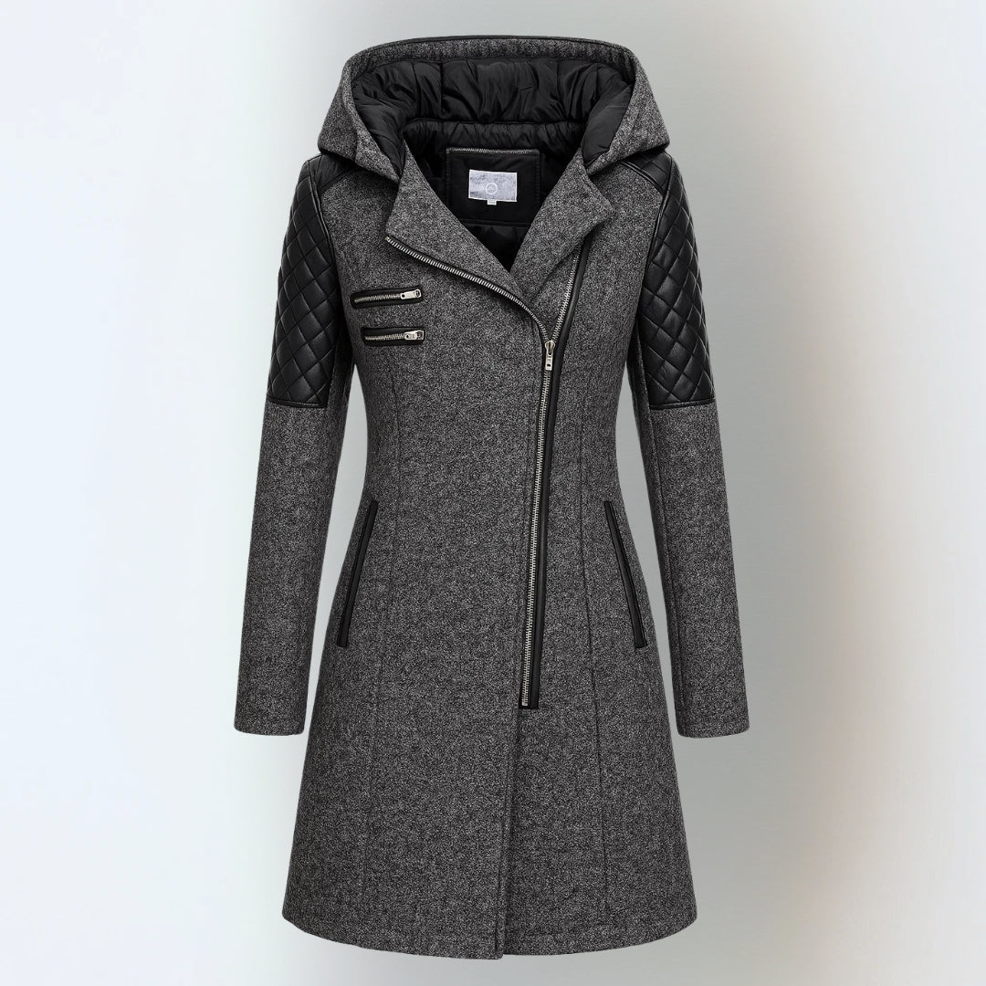 Hooded Quilted Panel Asymmetric Zip Longline Wool Coat 3