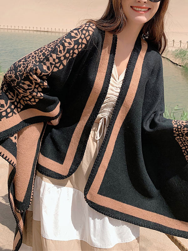 Black Open Front Contrast Border Floral Draped Cape Cardigan 7