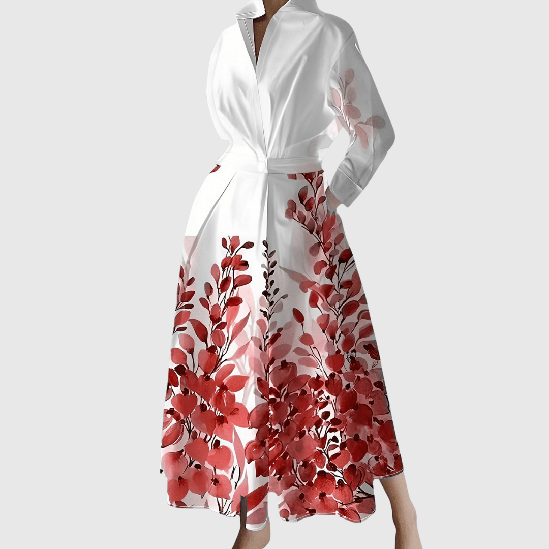 Collared Floral Border Print Long Sleeve Pocket Shirt Maxi Dress 2