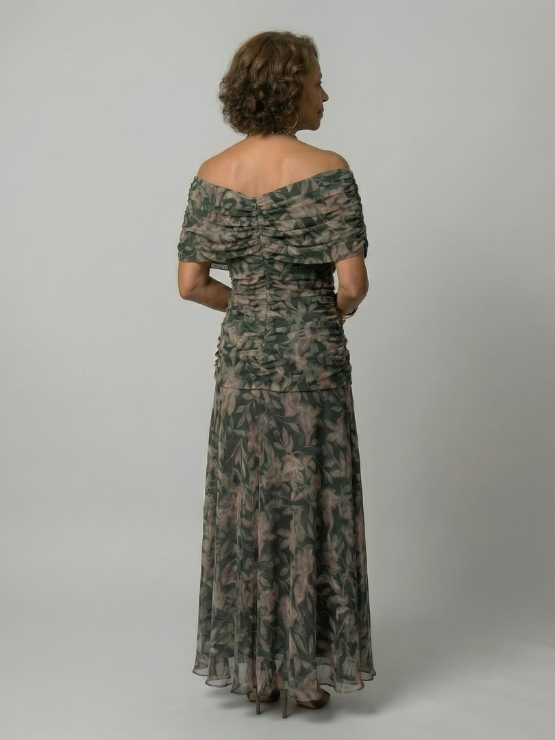 Off-Shoulder V-Neck Watercolor Floral Ruched Chiffon Maxi Dress 8