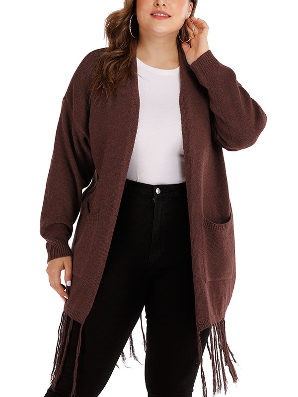 Brown Open Front Patch Pocket Tassel Hem Long Sleeve Knit Cardigan 6