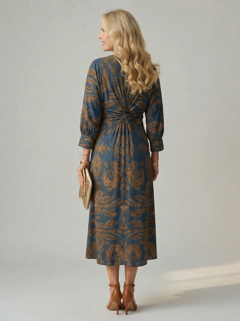 V-Neck Twist Front Long Sleeve Abstract Print Sheath Midi Dress