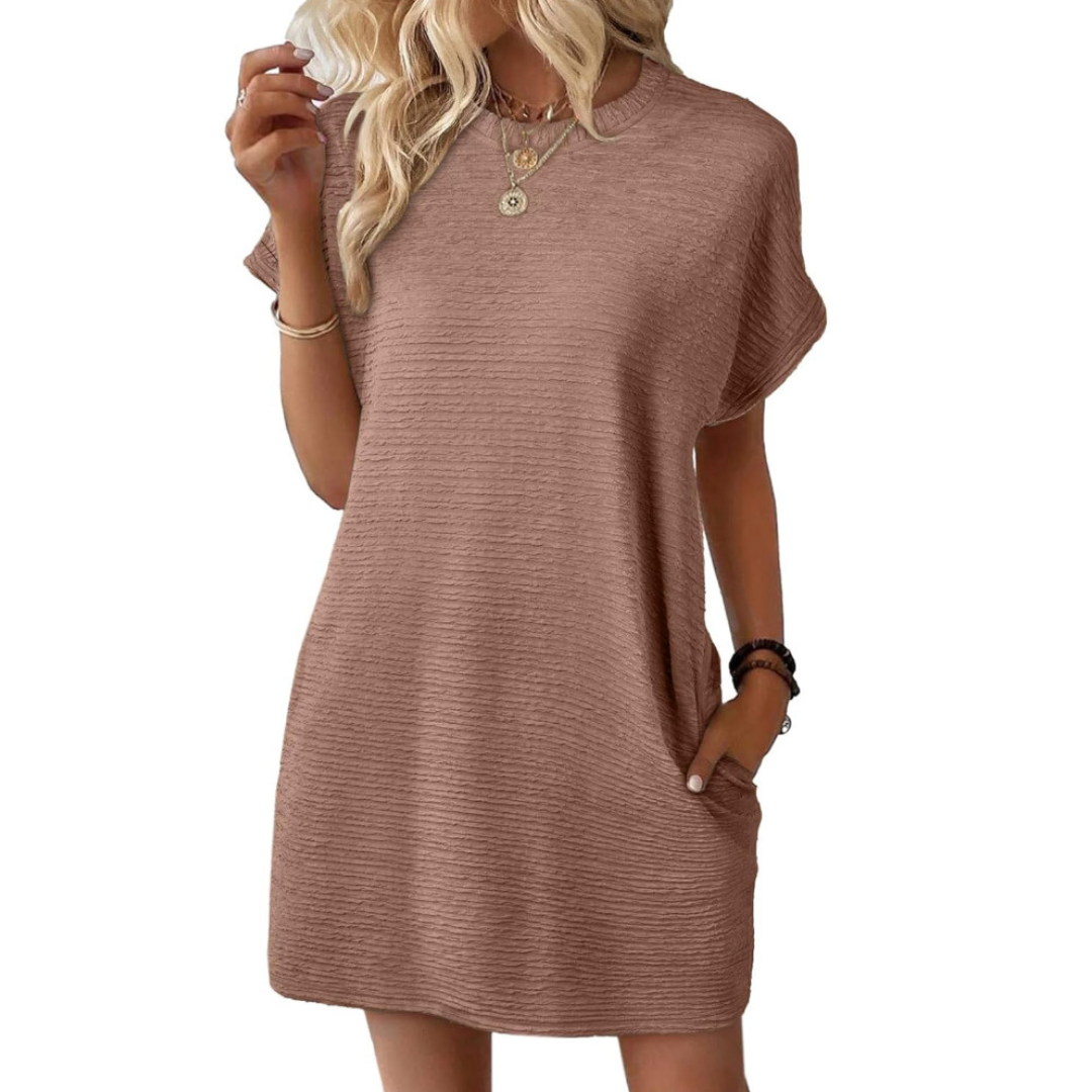 Round Neck Textured Cuffed Sleeve Pocket Shift Mini Dress