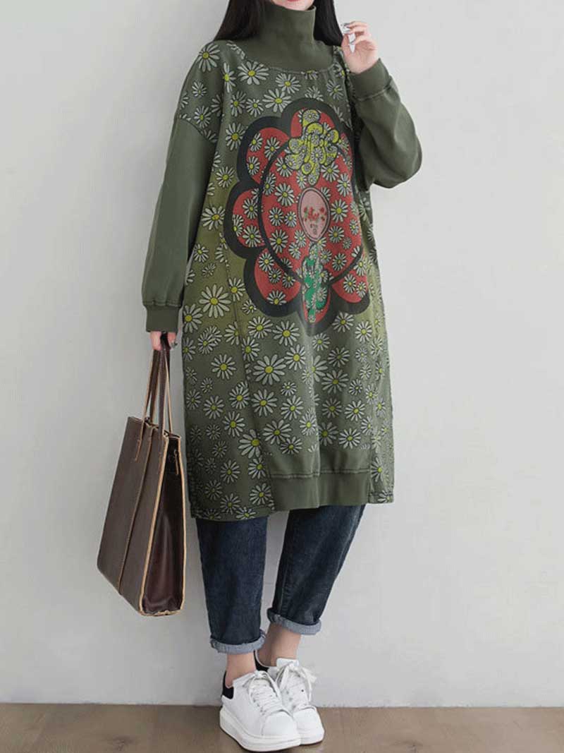 Turtleneck Floral Daisy Print Medallion Oversized Sweatshirt Midi Dress