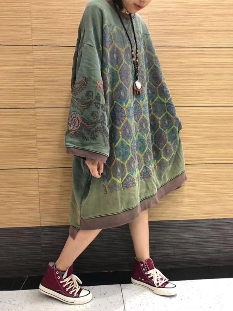 Mock Neck Long Sleeve Damask Print Oversized Sweatshirt Midi Dress 2