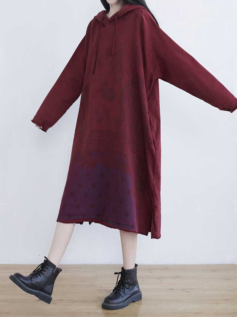 Hooded Long Sleeve Paisley Polka Dot Print Loose Denim Midi Dress 6