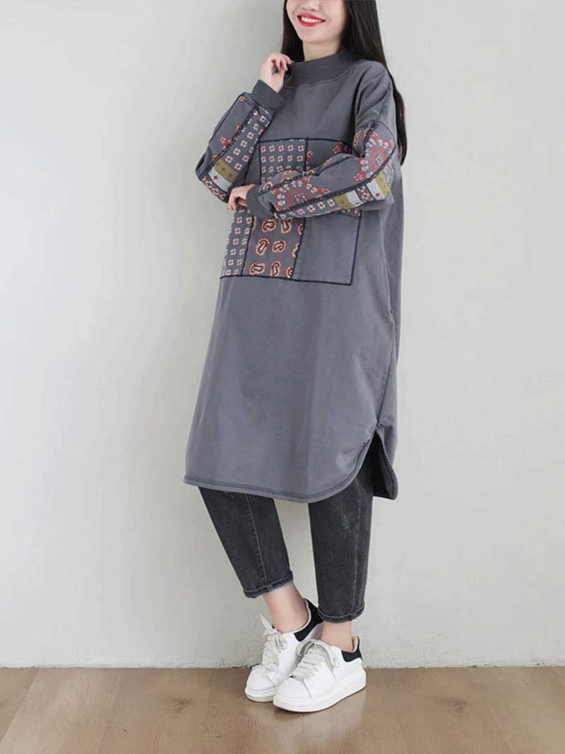 Mock Neck Patchwork Print Long Sleeve Loose Midi Dress