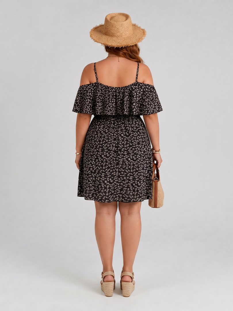 Floral Cold Shoulder Ruffle Overlay Ditsy Floral A-Line Mini Dress 5