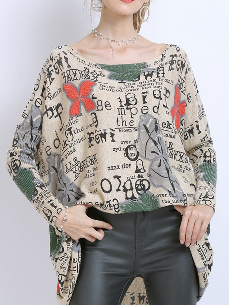 Boat Neck Butterfly Letter Print Long Sleeve Knit Tunic Top 8