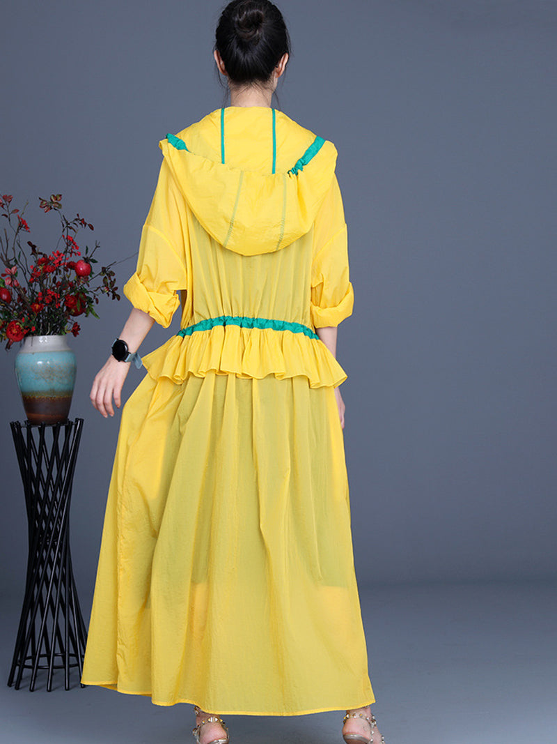 Hooded Drawstring Ruffle Pocket Open Front Long Duster Coat 6
