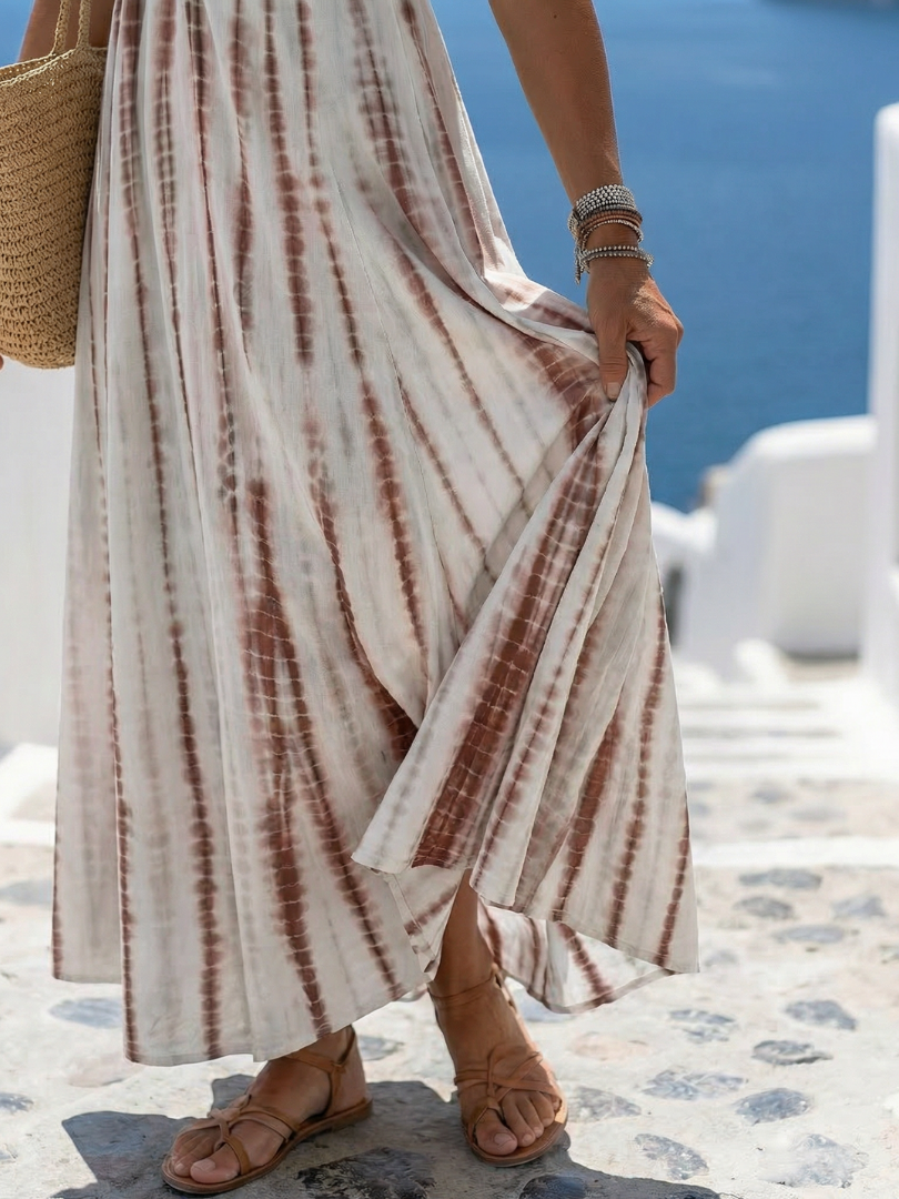 V-Neck Spaghetti Strap Tie-Dye Twist Front Empire Flowy Maxi Dress