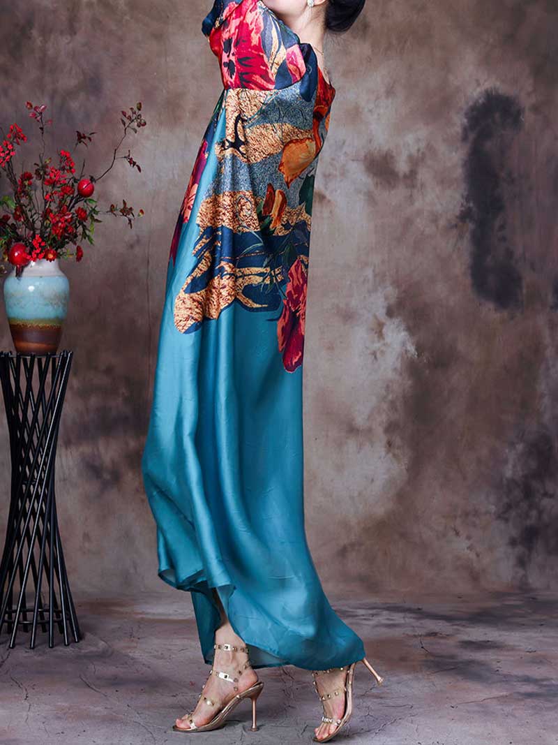 Round Neck Batwing Sleeve Floral Colorblock Loose Maxi Dress 9
