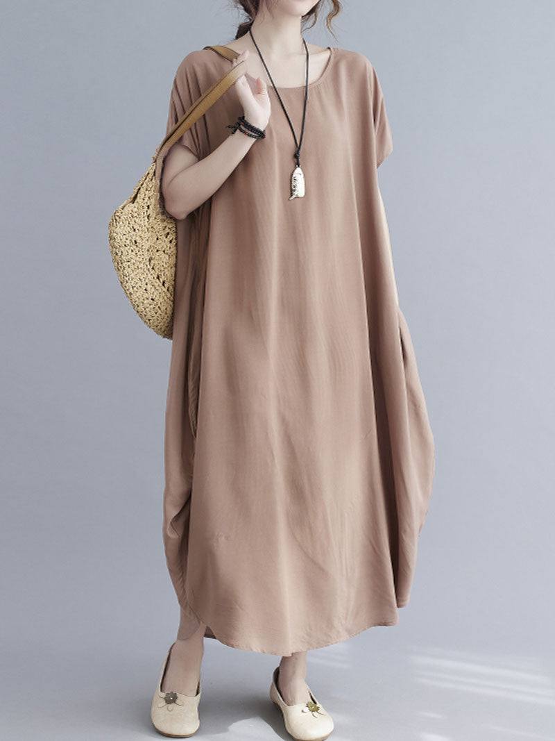 Round Neck Short Sleeve Loose Cocoon Maxi Dress 18