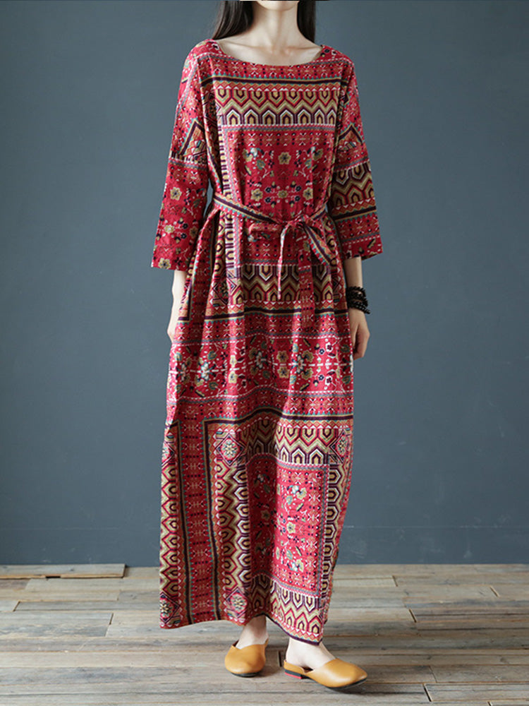 Red Round Neck Ethnic Print Tie Waist Loose Kaftan Maxi Dress