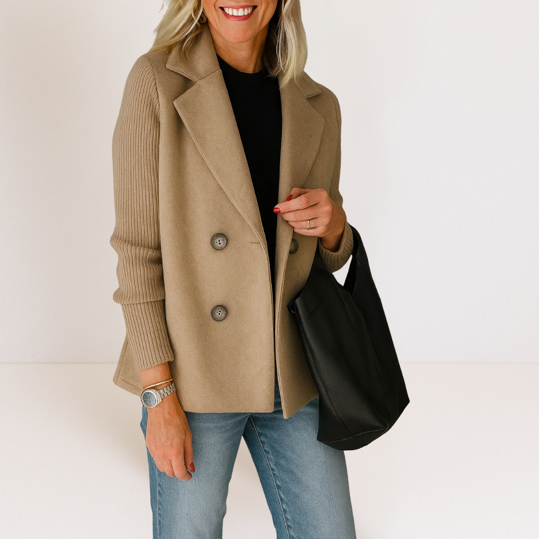 Notch Lapel Ribbed Knit Sleeve Double-Breasted Coat 7