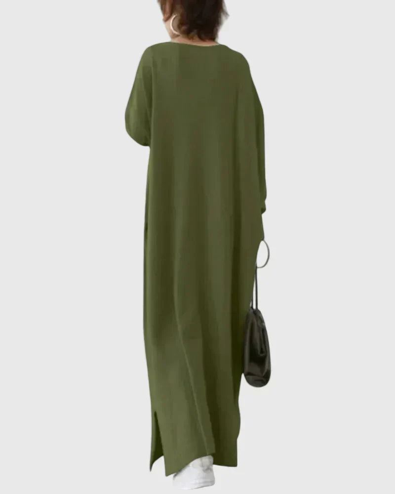 V-Neck Long Sleeve Batwing Loose Knit Side Slit Maxi Dress
