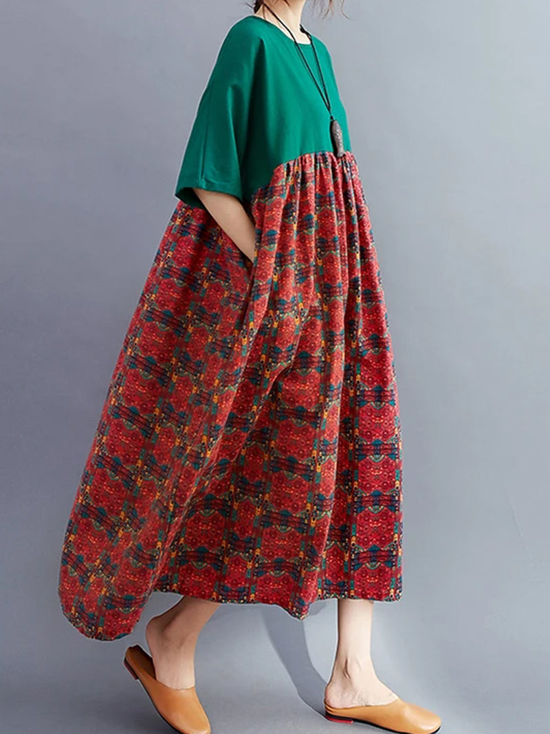 Dark Green Round Neck Colorblock Floral Print Short Sleeve Smock Midi Dress 3