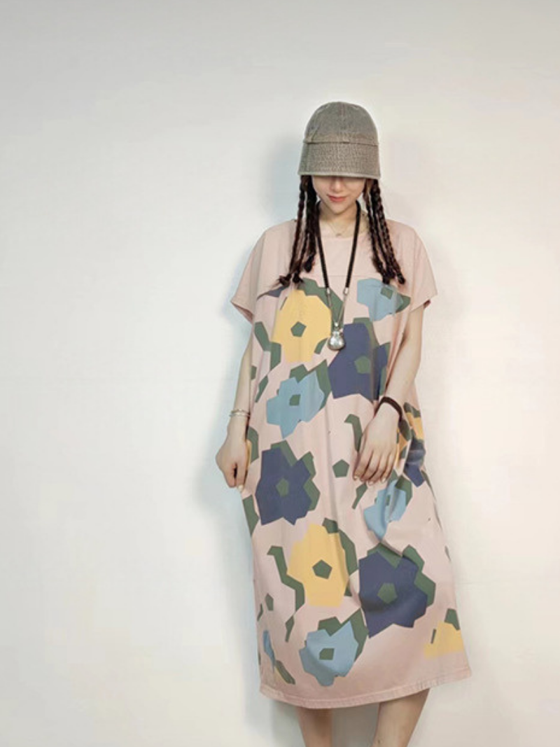 Round Neck Abstract Floral Print Short Sleeve Loose Cocoon Midi Dress 7
