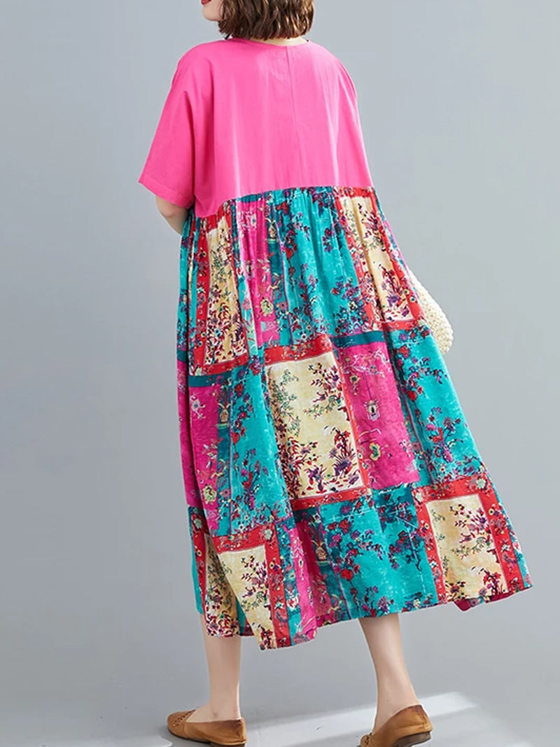 Round Neck Short Sleeve Floral Patchwork Print Smock Midi Dress 4