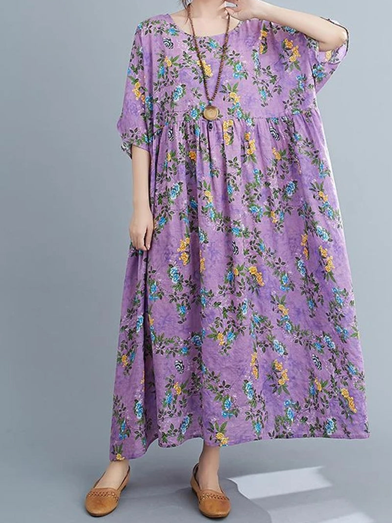Purple Round Neck Floral Print Pleated Half Sleeve Loose A-Line Maxi Dress 2