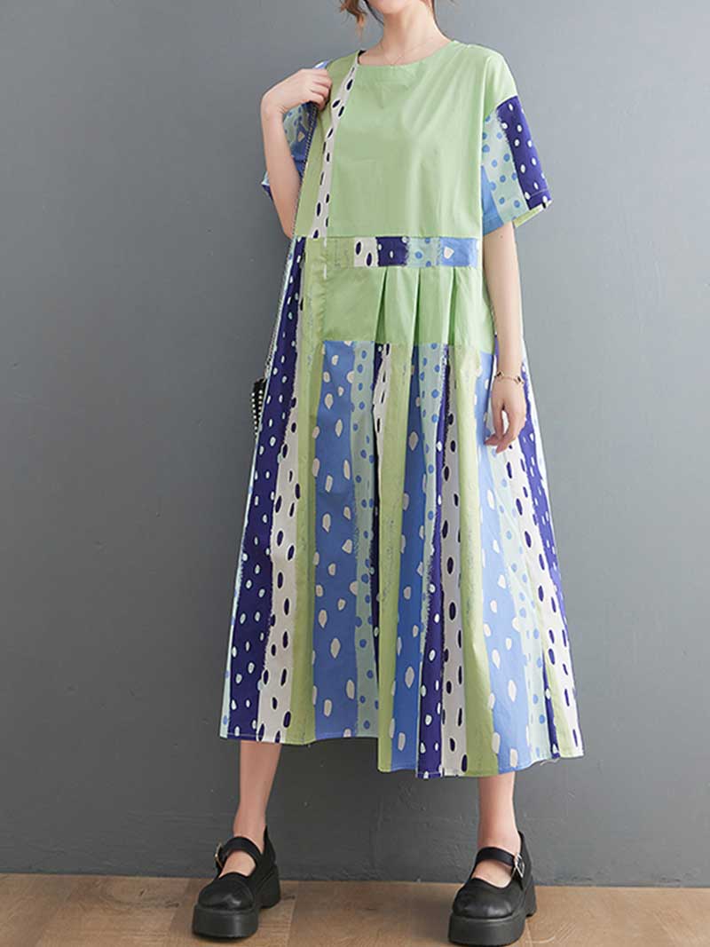 Round Neck Polka Dot Patchwork Short Sleeve Pleated A-Line Midi Dress 6