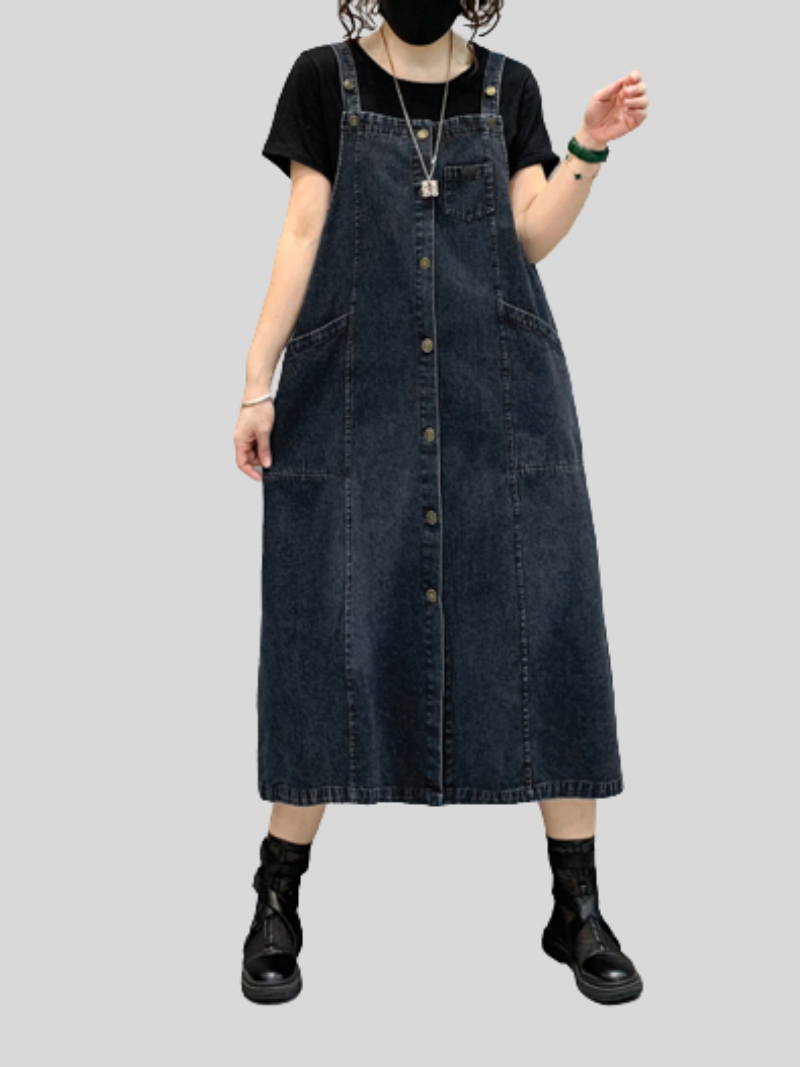 Strap Button Front Pocket Denim Pinafore A-Line Midi Dress 2