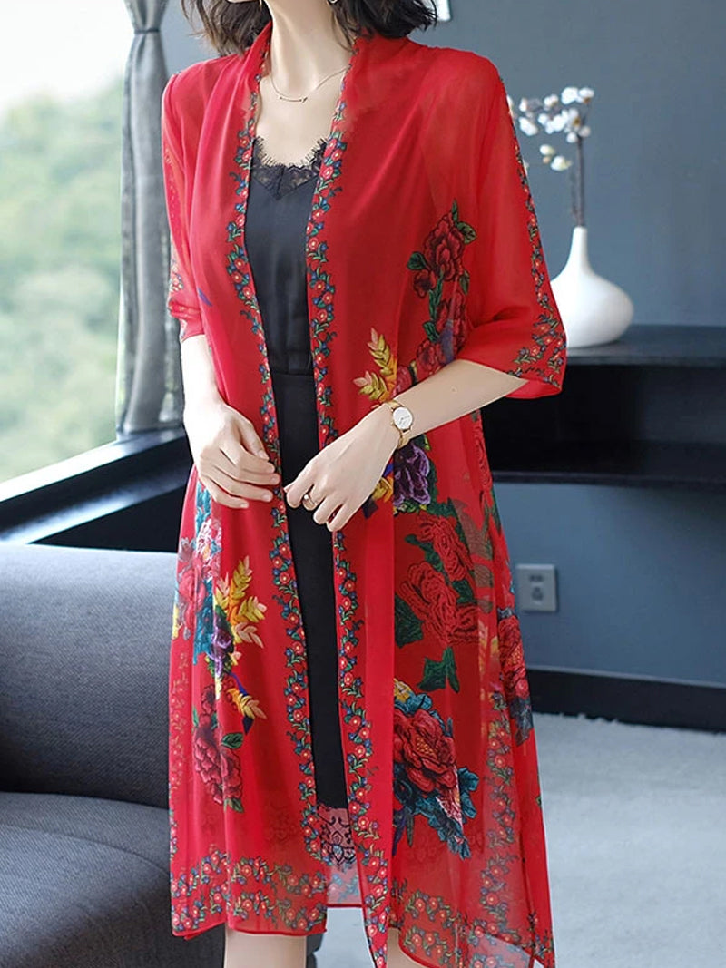 Open Front Floral Print Sheer Chiffon Long Kimono 7