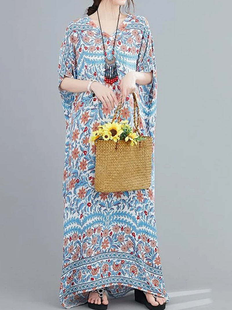 V-Neck Floral Print Batwing Sleeve Loose Kaftan Maxi Dress 4