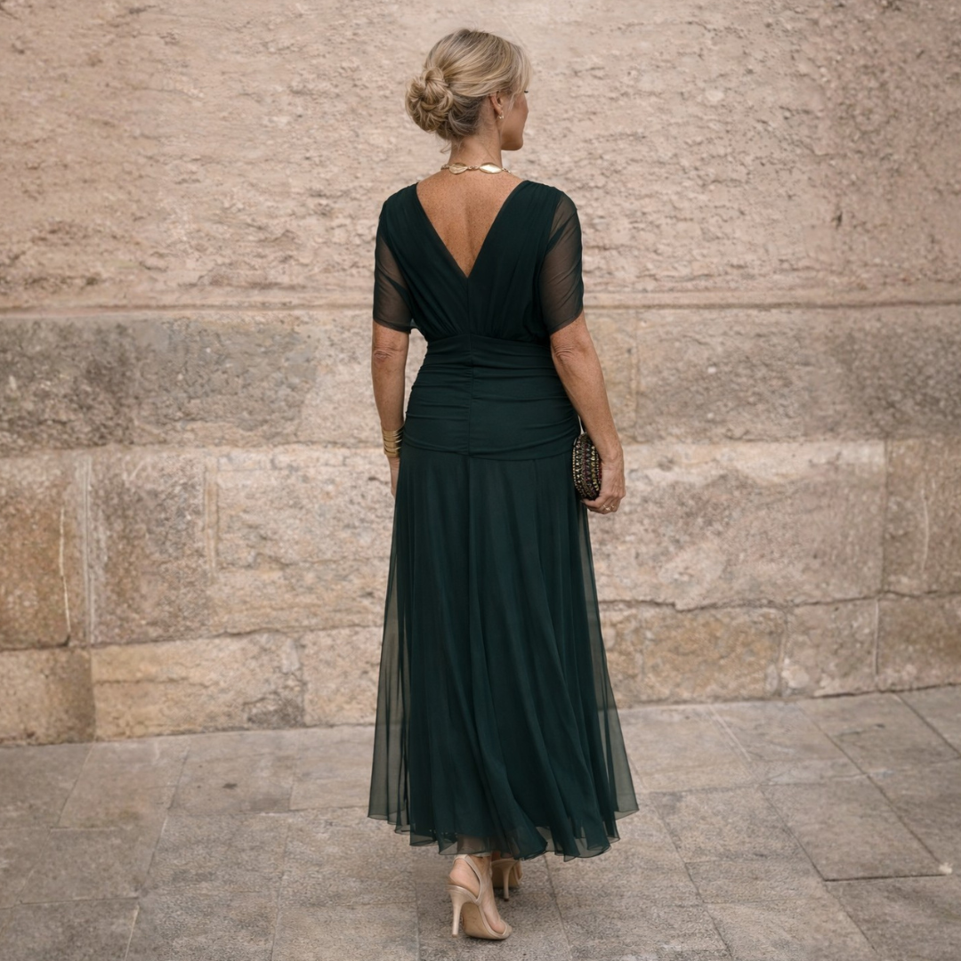 V-Neck Wrap Ruched Waist Chiffon Flowing Maxi Dress 3